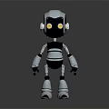 Small Metallic Robot With Silver Black Body And Glowing Eyes Standing On Dark Background