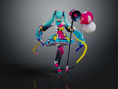 Anime Game Character With Teal Twin Tails Colorful Outfit Megaphone And Balloons 3d model
