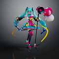 Anime Game Character With Teal Twin Tails Colorful Outfit Megaphone And Balloons