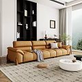 Brown Leather Sofa And White Coffee Table Set With Gray Throw Blanket And Mountain View 3d model