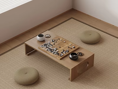 Japanese Style Room With Low Table Go Board Cushions And Tea Set 3d model