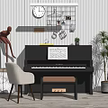 Musical Instruments And Art Supplies Display With Black Piano Music Sheet Wall Grid And Decor
