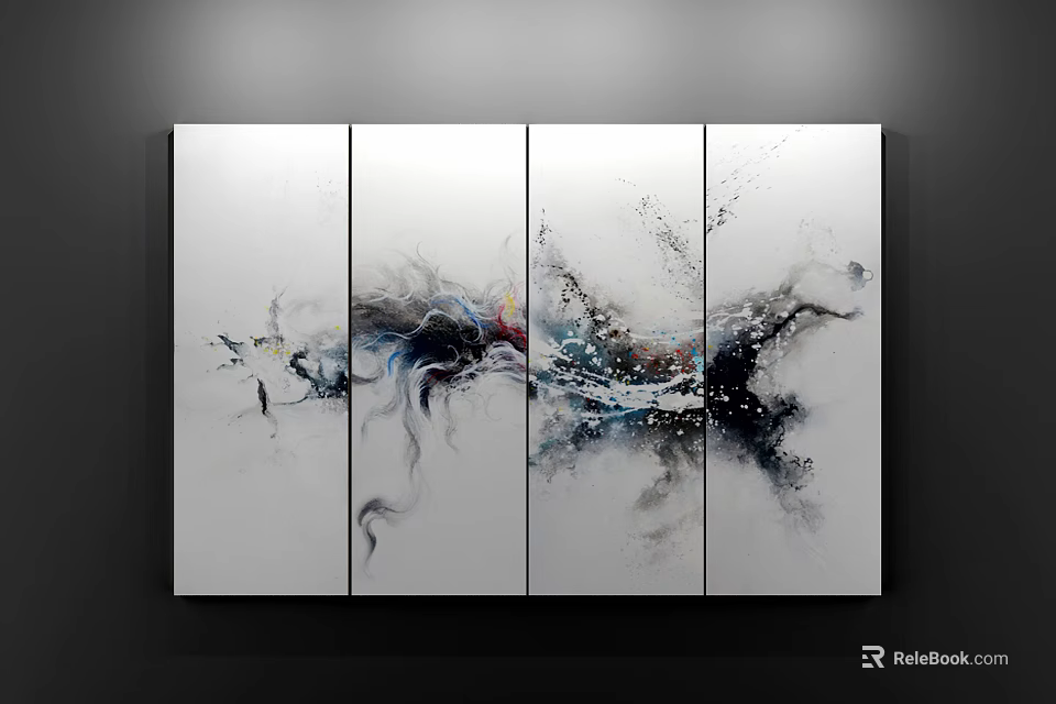 Four Panel Abstract Painting With Black White Dominant Color Splashes And Fluid Brushstrokes 3d model 