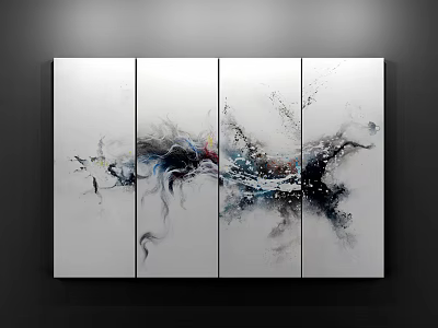 Four Panel Abstract Painting With Black White Dominant Color Splashes And Fluid Brushstrokes 3d model