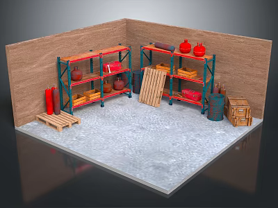 Multi Tier Metal Storage Shelves in Warehouse Corner Organizing Red Jars Wooden Boxes and Barrels 3d model