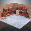 Multi Tier Metal Storage Shelves in Warehouse Corner Organizing Red Jars Wooden Boxes and Barrels