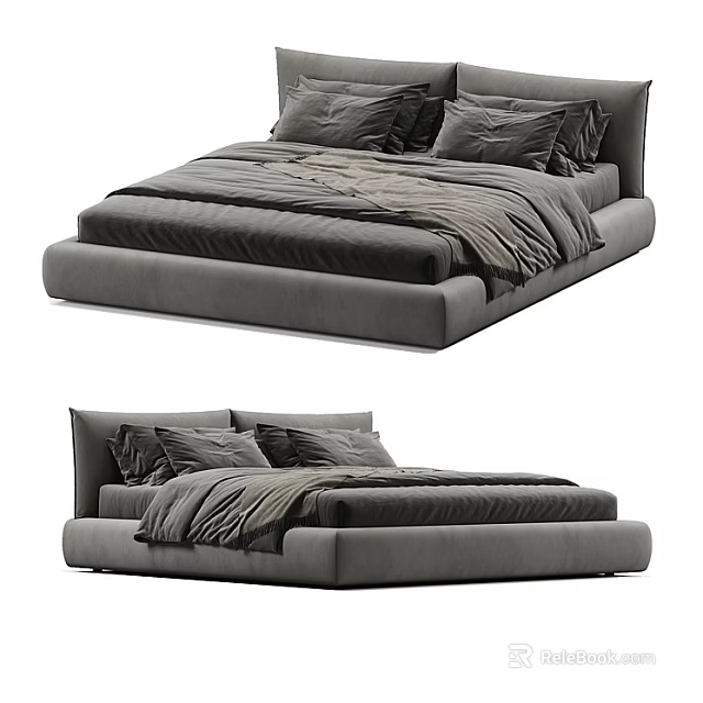 Modern Upholstered Double Bed With Elegant Design Multiple Pillows And Gray Bedspread 3d model