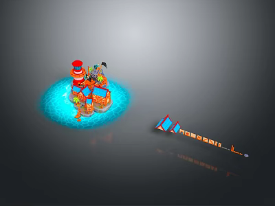 Modern Decorative Scene With Blue Glowing Base Orange Red Structures And Geometric Shapes 3d model
