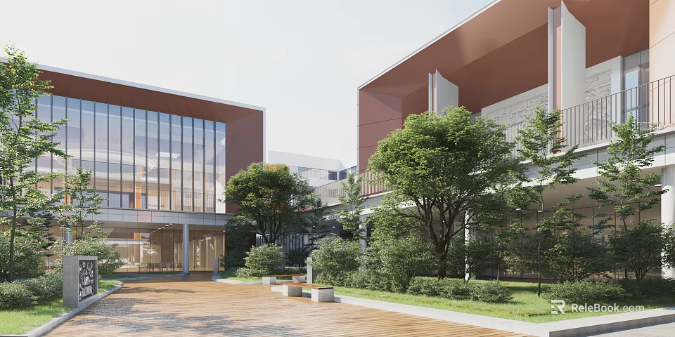Modern Architecture Courtyard With Green Plants Glass Facade And Outdoor Wooden Deck 3d model 