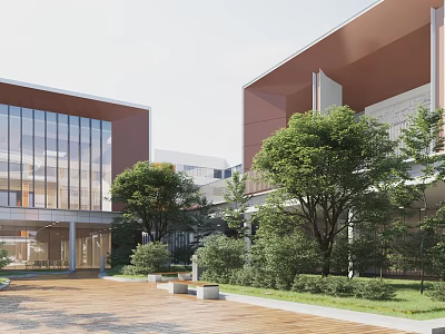 Modern Architecture Courtyard With Green Plants Glass Facade And Outdoor Wooden Deck 3d model