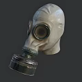 White Gas Mask With Round Lenses And Metal Filter Canister Isolated On Dark Background