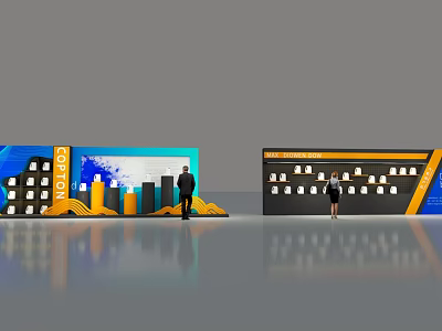 Exhibition Wall for Expo Events with Display Elements Blue Yellow Graphics and People Interacting 3d model