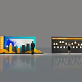 Exhibition Wall for Expo Events with Display Elements Blue Yellow Graphics and People Interacting