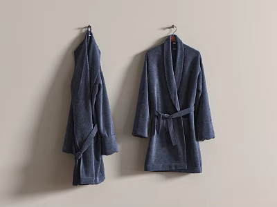 Two Blue Towel Robes Hanging On Light Colored Wall With Hooks 3d model