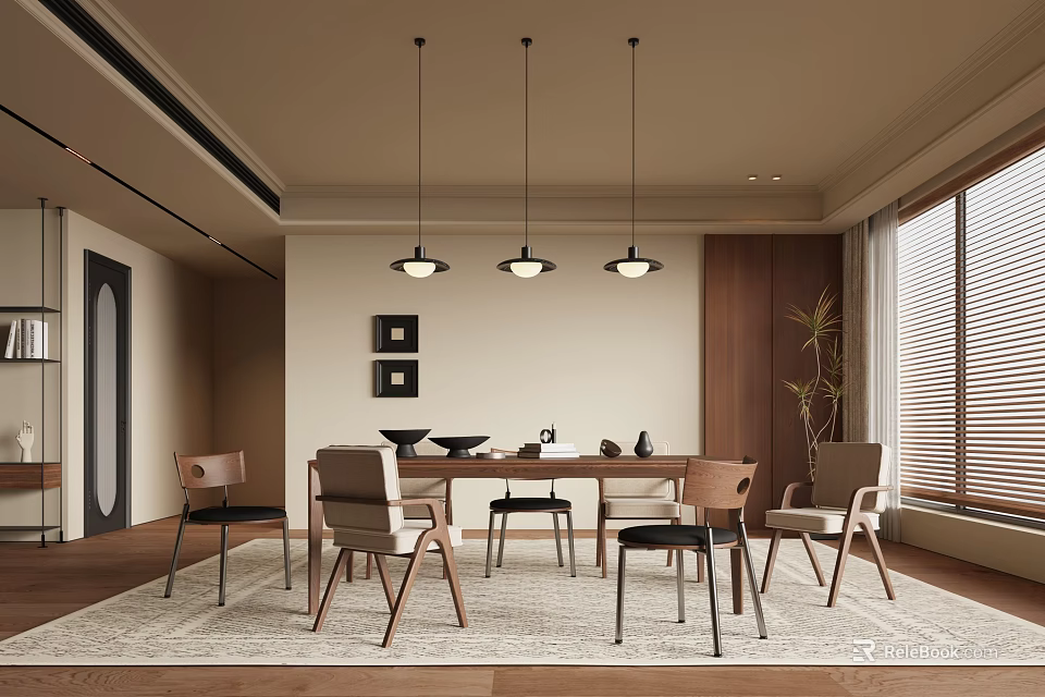 Modern Restaurant Interior with Dining Table Chairs Pendant Lights Wall Art Wooden Cabinet Window Plant 3d model 