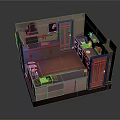 Cartoon Kitchen Scene With Colorful Cabinets Stove Sink Red Refrigerator And Tile Floor