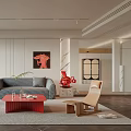 Modern Living Room Interior With Gray Sofa Red Coffee Table Wooden Chairs And Decorative Painting
