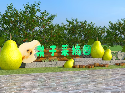 Garden Art Sculptures Of Pears In Pick Your Own Orchard With Stone Path And Trees 3d model
