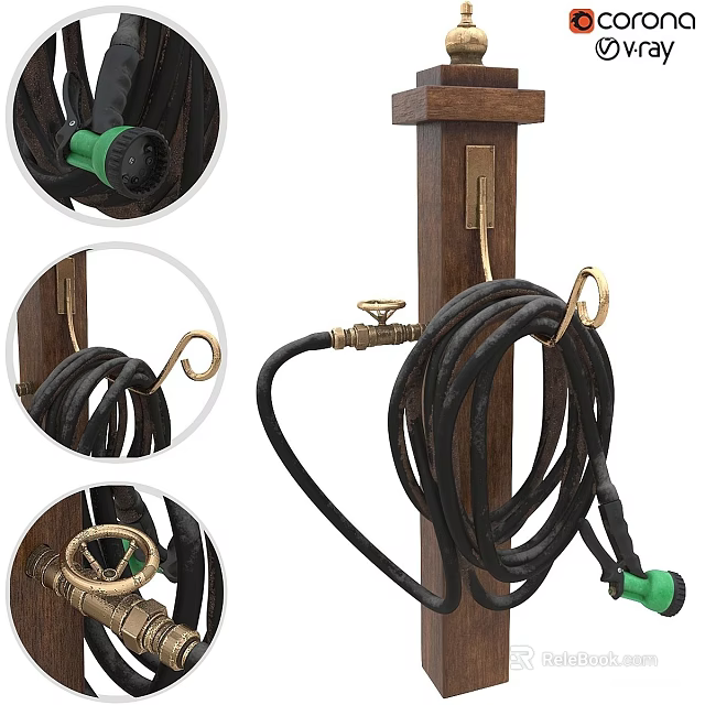 Wooden Garden Hose Holder With Black Hose Brass Fittings And Green Nozzle 3d model 