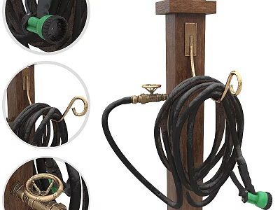 Wooden Garden Hose Holder With Black Hose Brass Fittings And Green Nozzle 3d model