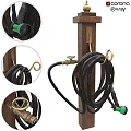Wooden Garden Hose Holder With Black Hose Brass Fittings And Green Nozzle