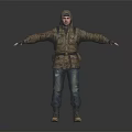Human Figure Standing With Arms Outstretched Wearing Brown Hooded Jacket Blue Jeans And Brown Boots