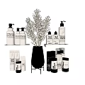 Luxury Perfume Cosmetics Display with White Gold Bottles and Floral Vase on Shelves