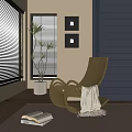 Modern Wicker Lounge Chair With Beige Blanket Navy Blue Wall And Black Framed Paintings