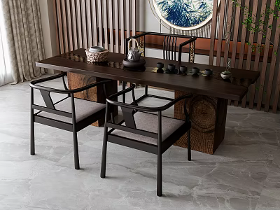 Modern Natural Wooden Tea Table and Chairs with Comfortable Seats and Tea Accessories 3d model