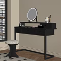 Black Dressing Table With Round Mirror Drawers And Upholstered Stool And Cosmetics