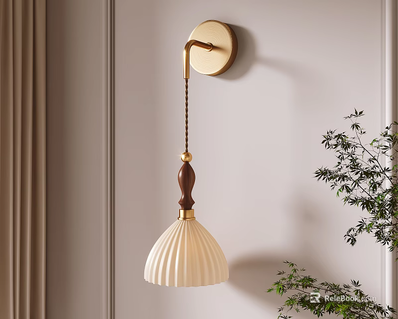 Stylish Wall Lamp With Golden Base Wooden Handle And White Pleated Shade In Modern Interior 3d model 
