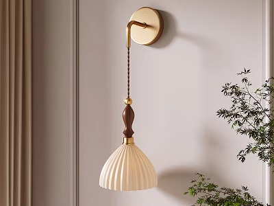 Stylish Wall Lamp With Golden Base Wooden Handle And White Pleated Shade In Modern Interior 3d model