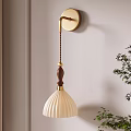Stylish Wall Lamp With Golden Base Wooden Handle And White Pleated Shade In Modern Interior