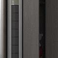 Vertical White and Black Air Conditioner Fan Near Wooden Textured Wall with White Blinds