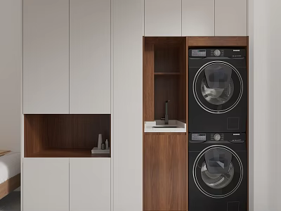 White Cabinets With Wooden Section Featuring Sink And Stacked Black Washer Dryer 3d model