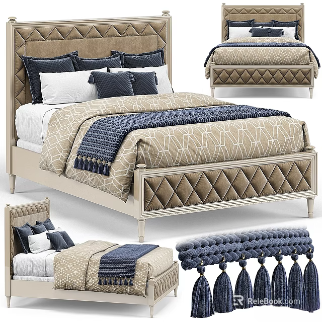 Double Bed With Diamond Tufted Upholstered Headboard Beige Frame Blue Blanket Tassel Trim Decorative Pillows 3d model 