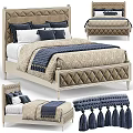 Double Bed With Diamond Tufted Upholstered Headboard Beige Frame Blue Blanket Tassel Trim Decorative Pillows