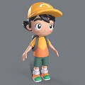 Cartoon Boy in Yellow Cap with Black Hair Orange Yellow T-Shirt Green Shorts and Backpack