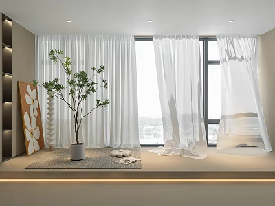 White Flowing Curtains In Modern Living Room With Potted Plant And Floor To Ceiling Window 3d model
