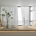 White Flowing Curtains In Modern Living Room With Potted Plant And Floor To Ceiling Window