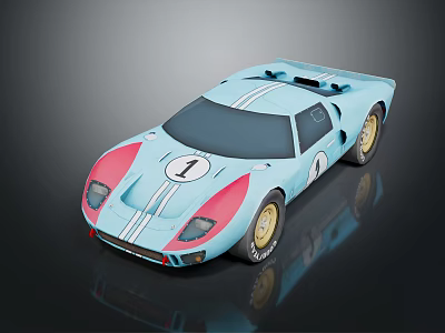 Vintage Light Blue Racing Car With Pink Accents White Stripes Number 1 And Yellow Wheels 3d model