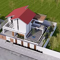 Modern Detached Villa Exterior With White Walls Sloped Roof Wooden Gate And Green Plants