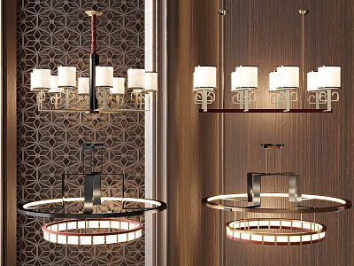 Modern Chandeliers With Circular Metal Frames And Multiple Lampshades On Patterned Wall 3d model