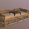 Classic Bamboo Luohan Bed With Railings And Small Coffee Table Structure 3d model