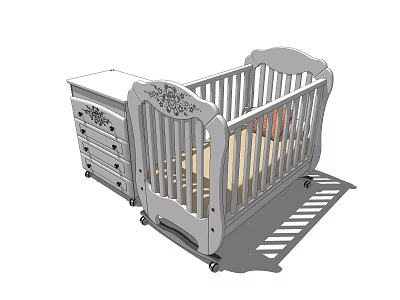 White Baby Crib With Carved Design And Matching Drawer Chest On Wheels 3d model