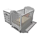 White Baby Crib With Carved Design And Matching Drawer Chest On Wheels
