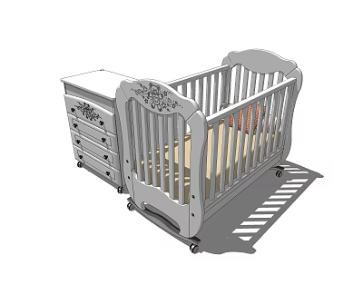 White Baby Crib With Carved Design And Matching Drawer Chest On Wheels 3d model