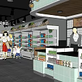 Supermarket Grocery Interior With Counter Staff And Product Display Cases