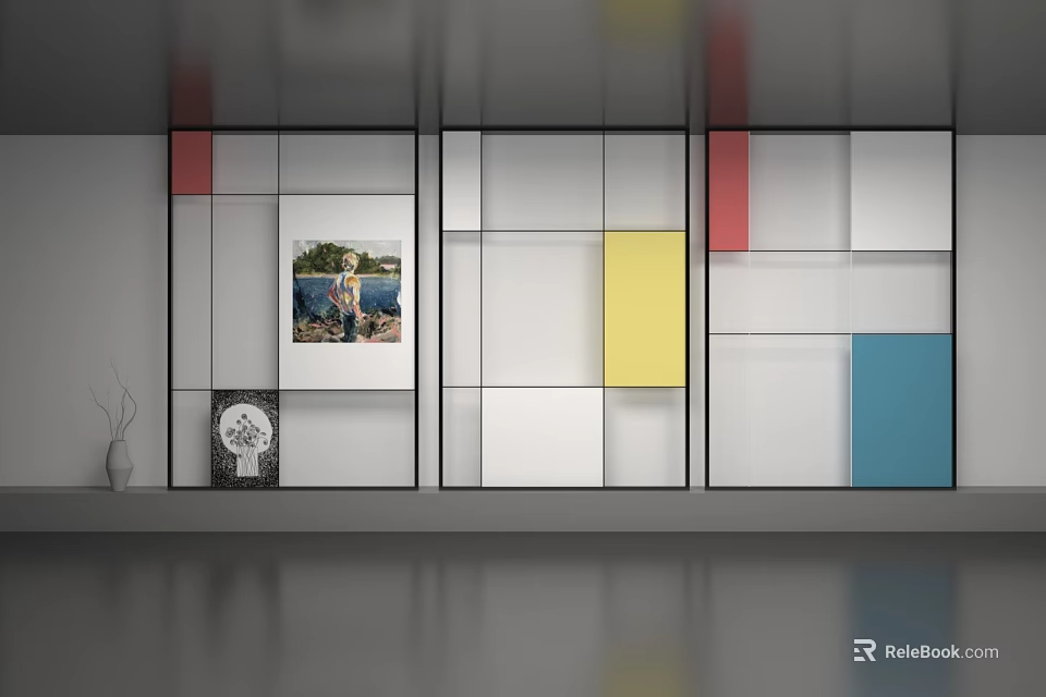 Modern Room Divider With Colorful Panels Geometric Design And Storage Spaces 3d model 