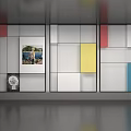 Modern Room Divider With Colorful Panels Geometric Design And Storage Spaces